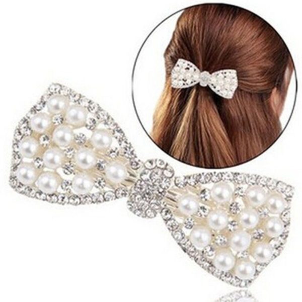 Delysia King Women Trendy Pearl Bow Hair Accessories Girls High-grade Grace Temperament Crystal Inlay Horsetail Clip 1