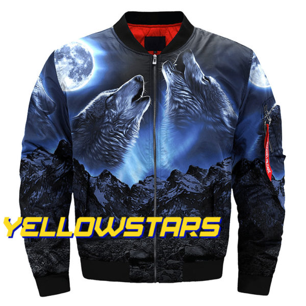 Cool howling Wolf Print Fashion Men's Bomber Outside Casual Winter Thicken Jacket 1