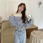 Blue Striped Stitching Sweater Women's Spring and Autumn 2022 New Loose Knitted Round Neck Long-sleeved Pullover Top Female 1