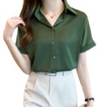 Female Shirt Summer Season Thin Short Sleeve Chiffon Solid Green Color 2022 New Korean Fashion Woman Shirts V-Neck Ladies Tops 2