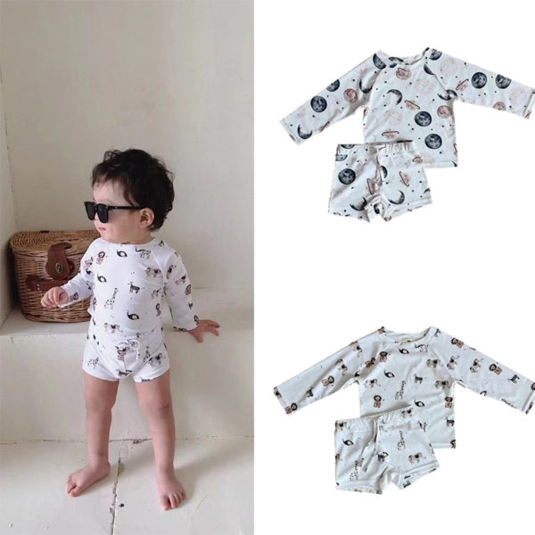 Children Bathing Suit Long Sleeve Summer Toddler Boys Hat Top Shorts Swimwear 3pcs Kids Cute Animal Space Swimsuit Beach Wear 1