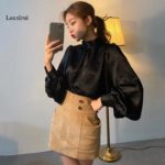 Fashion Women Smooth Blouse Lantern Sleeve Solid Korean Shirt Office Lady Slim Blusas Spring Autumn Elegant Blouses 4