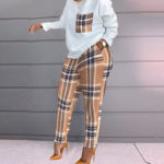 Women Casual O neck Tracksuit set Lady pocket pullover top +long pants Two piece set Lady Fashion Plaid print Pants outfit set 5