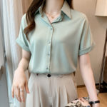 Female Shirt Summer Season Thin Short Sleeve Chiffon Solid Green Color 2022 New Korean Fashion Woman Shirts V-Neck Ladies Tops 4