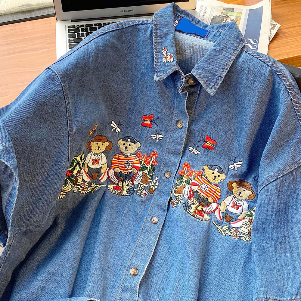 Blue Bear Embroidery Patchwork Denim Blouse Women Short Sleeve Japanese Shirts 2022 Summer Korean Tops Female Clothes Harajuku 2