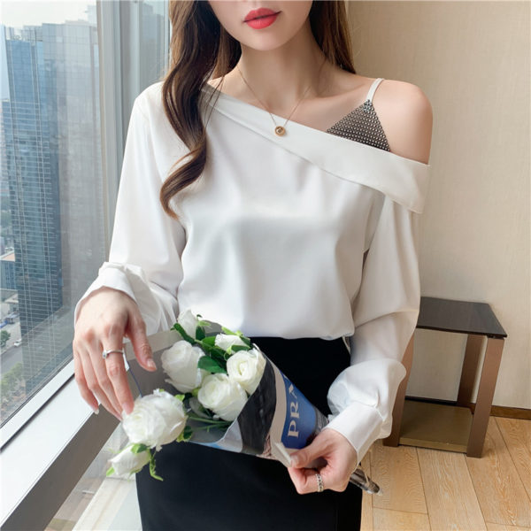 2021 Spring New Sexy off-the-shoulder Collar diamond Splicing Solid Ladies Tops Chiffon Women Shirts Blusas Feminine shirt 692i 1