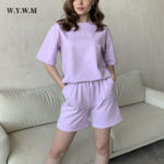 WYWM Soft Cotton Sets Women Basic Loose Two Pieces Solid T Shirts and Elastic Waist Shorts Pants Suits Summer Casual Tracksuit 1