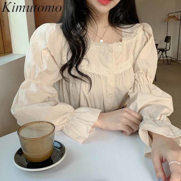 Kimutomo Elegant Lace Blouse Vintage Square Collar Women Puff Sleeve Shirt Girls Solid Sweet Tops Korean Chic Spring 2021 1