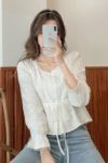 2021 Spring White Shirt Round Neck Flared Sleeve Cotton Blouse with Belt Button Short Style Ruffled Top Womens Tops and Blouses 6