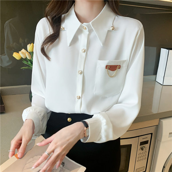 Solid Turn Down Collar Ladies Tops Women Shirts Blusas Feminine Spring 2021 New White long-sleeved Chiffon Shirt Women Top 692H 1