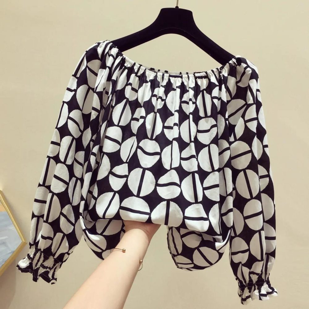 One word neck top women's spring and summer new fashion off-the-shoulder design lantern sleeves casual printed chiffon shirt 4