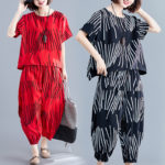 2022 New Print Striped Fashion Women Clothes Sets Soft Cotton Linen Loose T Shirts Tops Wide Leg Pants 2 Pcs Summer Casual Sets 2