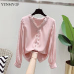 YTNMYOP Sweet Spring Blouse Women Loose Fashion Chiffon V-neck Lady Short Long Sleeve Clothing For Girls Pink White Colors 4