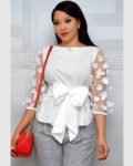 Spring Mesh Shirt Women's Strap Bow Shirt Top Shirts Office Lady Shirt Plus Size Clothing with Bow Belt Plus Size Clothing 3XL 2