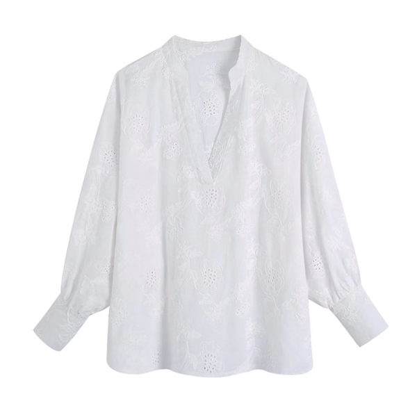 2022 Summer Women Casual Blouses Tops Shirts V-Neck White Hollow Out Embroidery Female Elegant Loose Top Smock Blusas 1