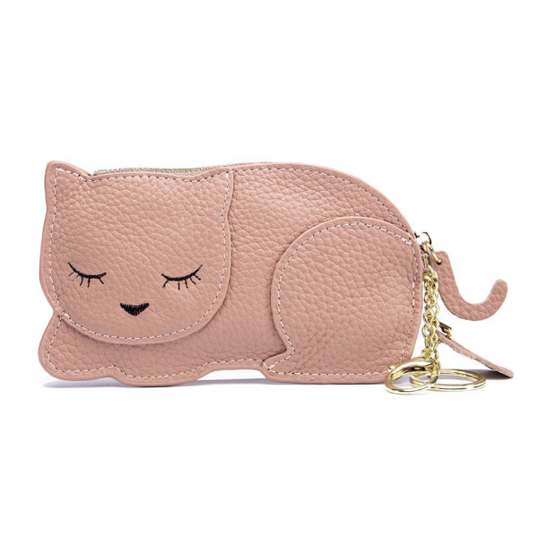 Full Grain Cow Skin Cartoon Cute Cat Slim Women Purses Keys Holder Wallets Versatile Girl Cash Lipsticks Leather Coin Pouch Bags 2