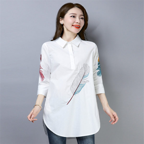 Spring Women Three Quarter Sleeve Midi Long Blouse Feathers Embroidery Shirt Female Casual White Blouses Tops Plus Size 4XL 2063 1