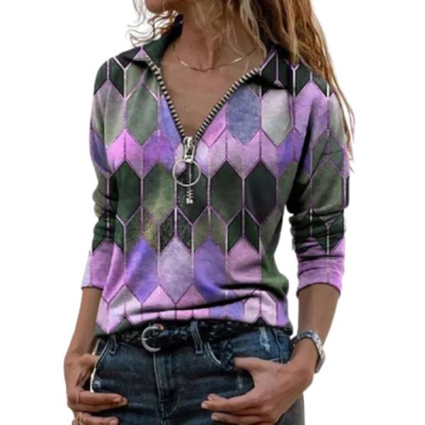 Fashion Geometric Print Blouse Shirt Loose Zipper Tops Tee Blouse Shirt Spring Autumn Casual Long Sleeve Pullover Tops Ladies 2