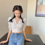 Summer Style White Shirts V-neck Blouses Women's Clothing Fashion Brand Crop Top Female Korean Clothes Puff Sleeve New 2021 3