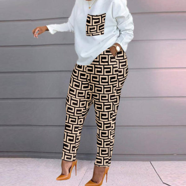 Women Casual O neck Tracksuit set Lady pocket pullover top +long pants Two piece set Lady Fashion Plaid print Pants outfit set 2