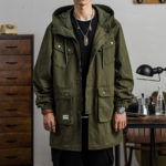 Men's Military Tactical Hooded Trench Coat Zipper Mid-length Casual Windbreaker for Autumn and Spring Vintage Clothes Parka 3