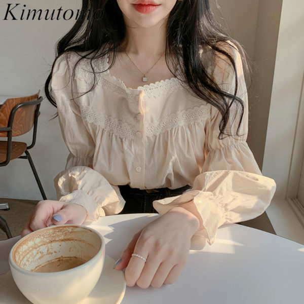 Kimutomo Elegant Lace Blouse Vintage Square Collar Women Puff Sleeve Shirt Girls Solid Sweet Tops Korean Chic Spring 2021 2