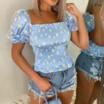 Summer Sweet Style Ladies Trendy Mesh Blouse Short Puff Sleeve Off Shoulder Square Collar Daisy Print Fitting Sexy Cropped Shirt 4