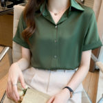 Female Shirt Summer Season Thin Short Sleeve Chiffon Solid Green Color 2022 New Korean Fashion Woman Shirts V-Neck Ladies Tops 1