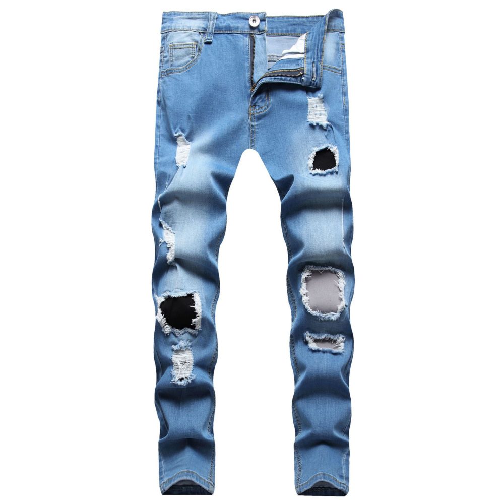 Street Fashion Blue Jeans for Boys Personality Ripped Patchwork Skinny Denim Pants Mens Washed Cotton Stretch Cowboys Trousers 6