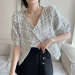 KUSAHIKI Korea Chic Summer Women Jakcet Elegant V-neck Hit Color Plaid Coat Causal Puff Sleeve Short Outwear Tops 2022 New 3